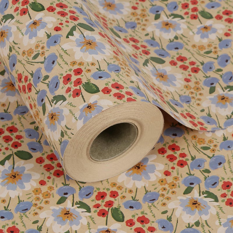 Aimyoo Watercolor Floral Kraft Wrapping Paper Roll All Occasion Vintage Flower Gift Wrap for Wedding Birthday Bridal Shower 17 inch x 60 ft